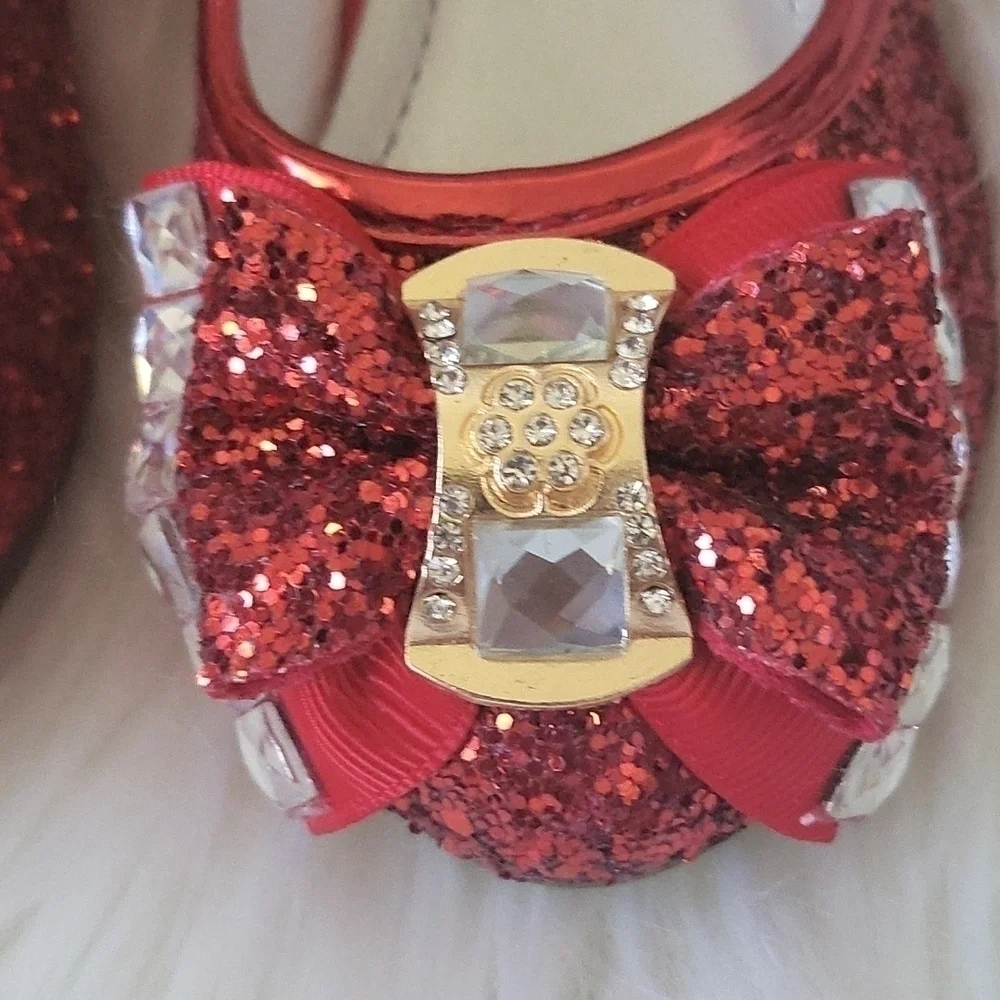 Jiaduowang Red Glitter and Rhinestone Rounded Toe Little Girl Heeled Sho…